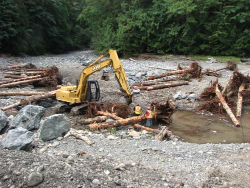 Rosewall Creek Restoration -machine with tree trunks in creek
